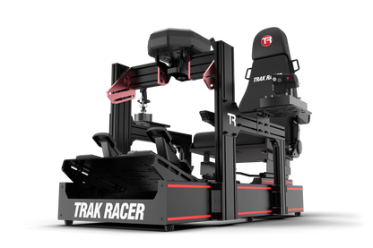 Black and red Trak Racer gaming simulator on a white background