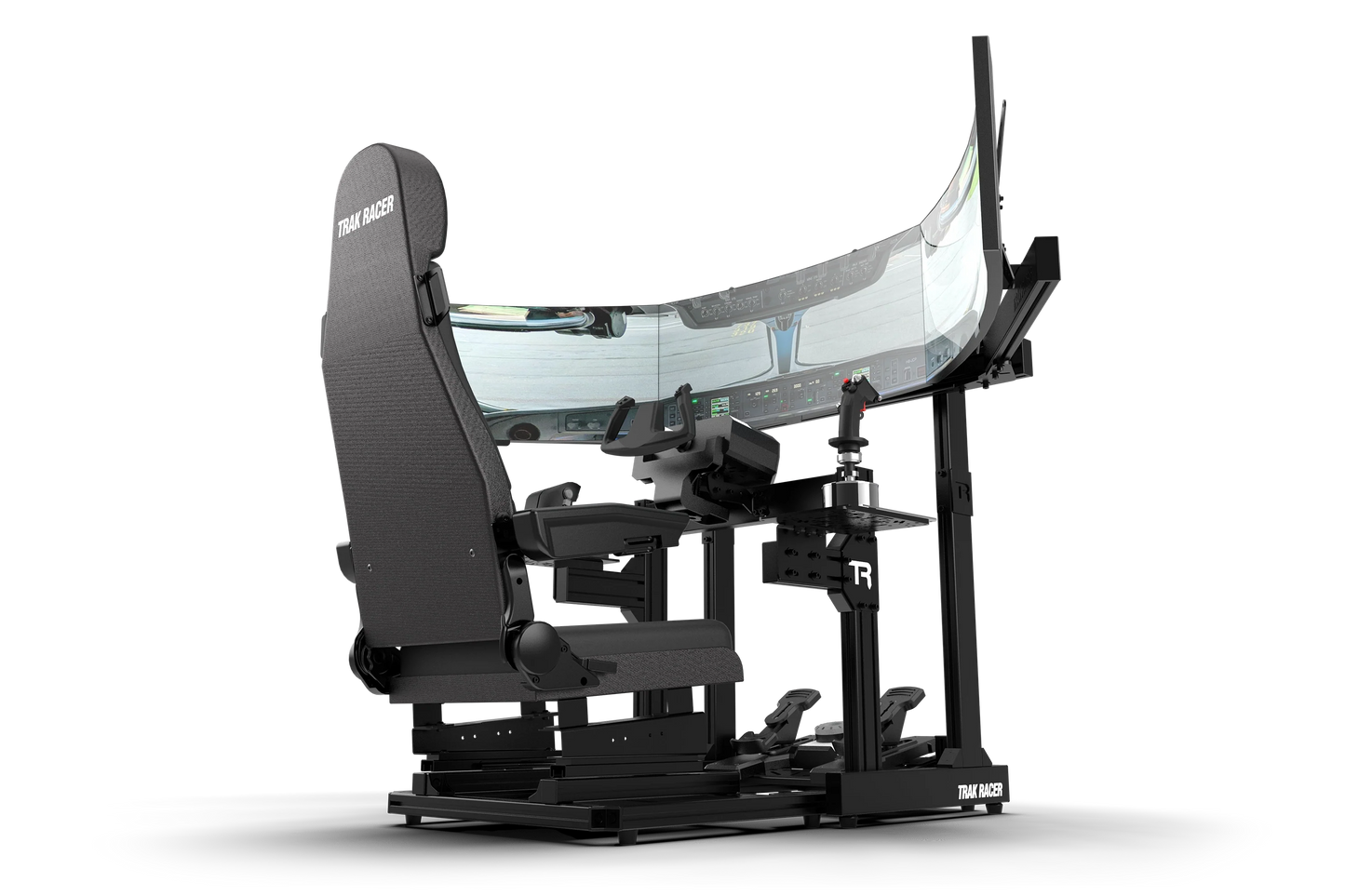 Black gaming chair with curved screen on a white background