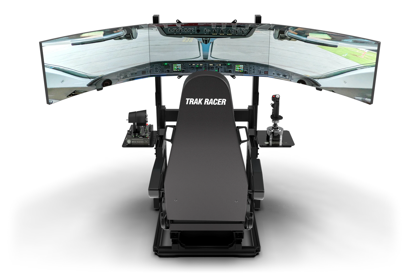 Simulator chair with multiple screens and controls on a white background