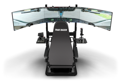 Simulator chair with multiple screens and controls on a white background