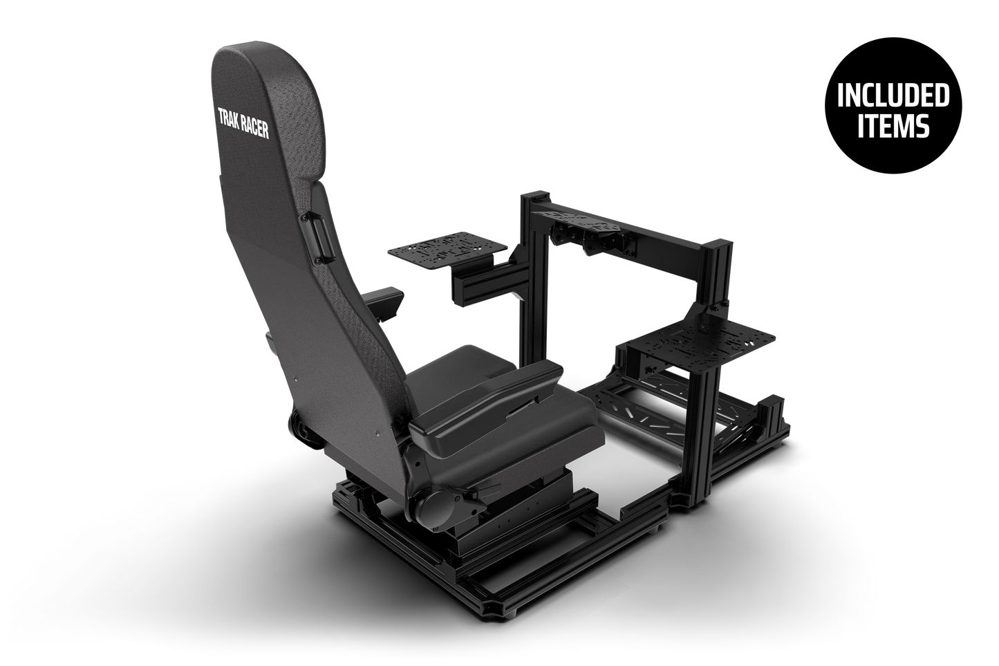 Black gaming chair with attached stand on a white background