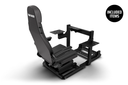 Black gaming chair with attached stand on a white background