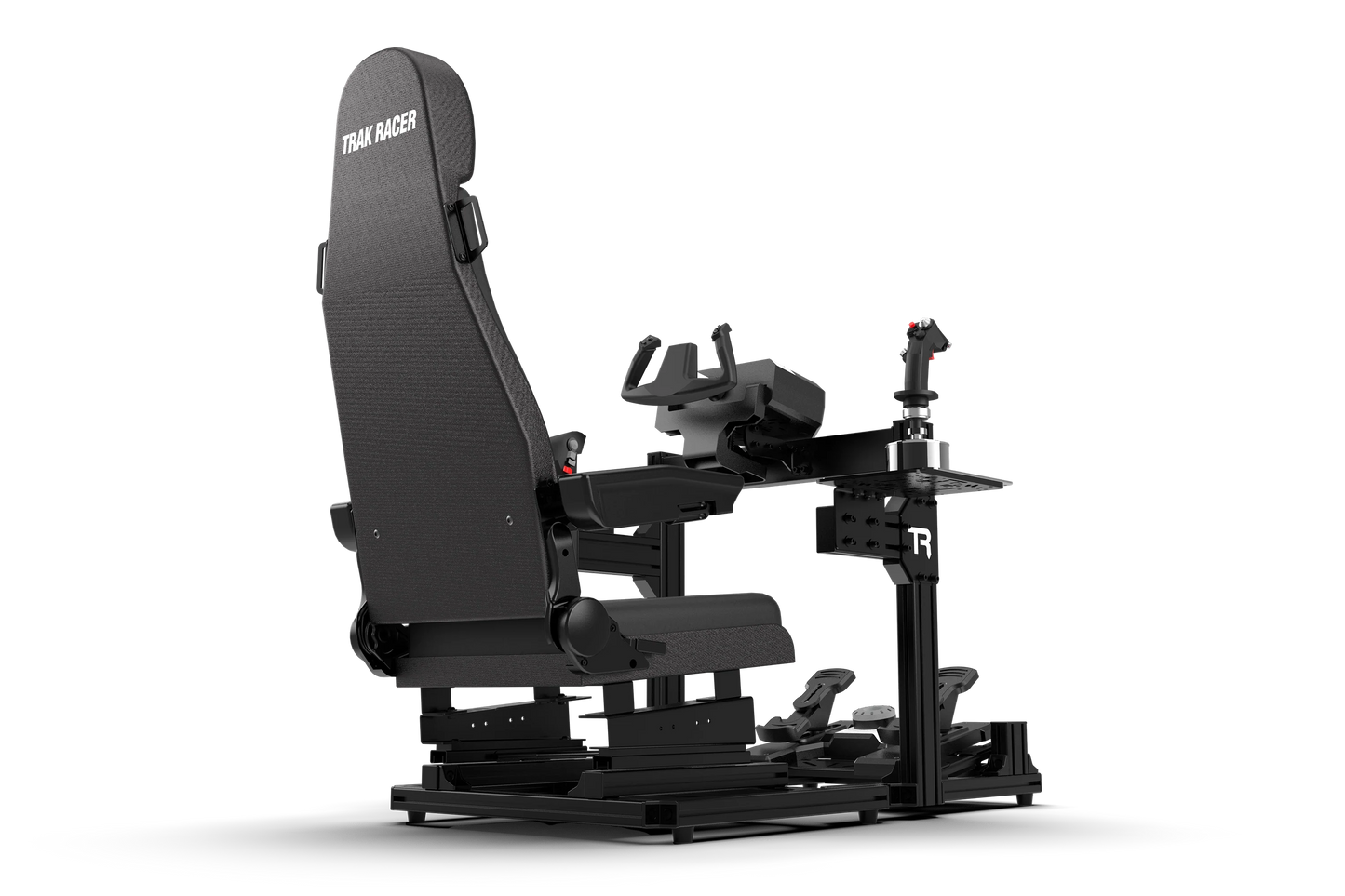 Black racing simulator seat and stand on a white background