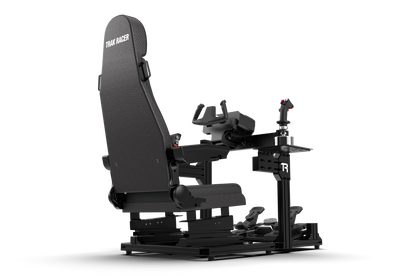 Black racing simulator seat and stand on a white background