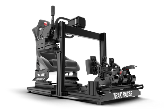 Trak Racer gaming simulator setup on a white background