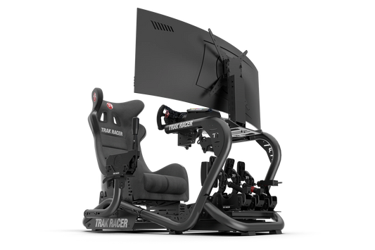 Black racing simulator chair with screen on a white background