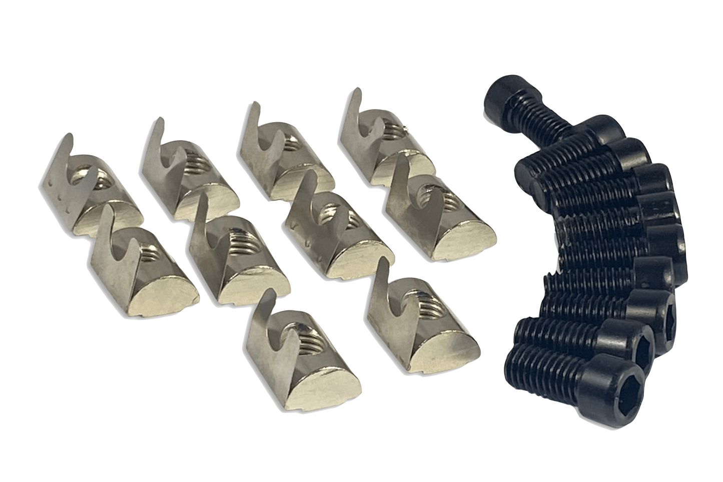 Set of metal clips and a black plastic component on a white background