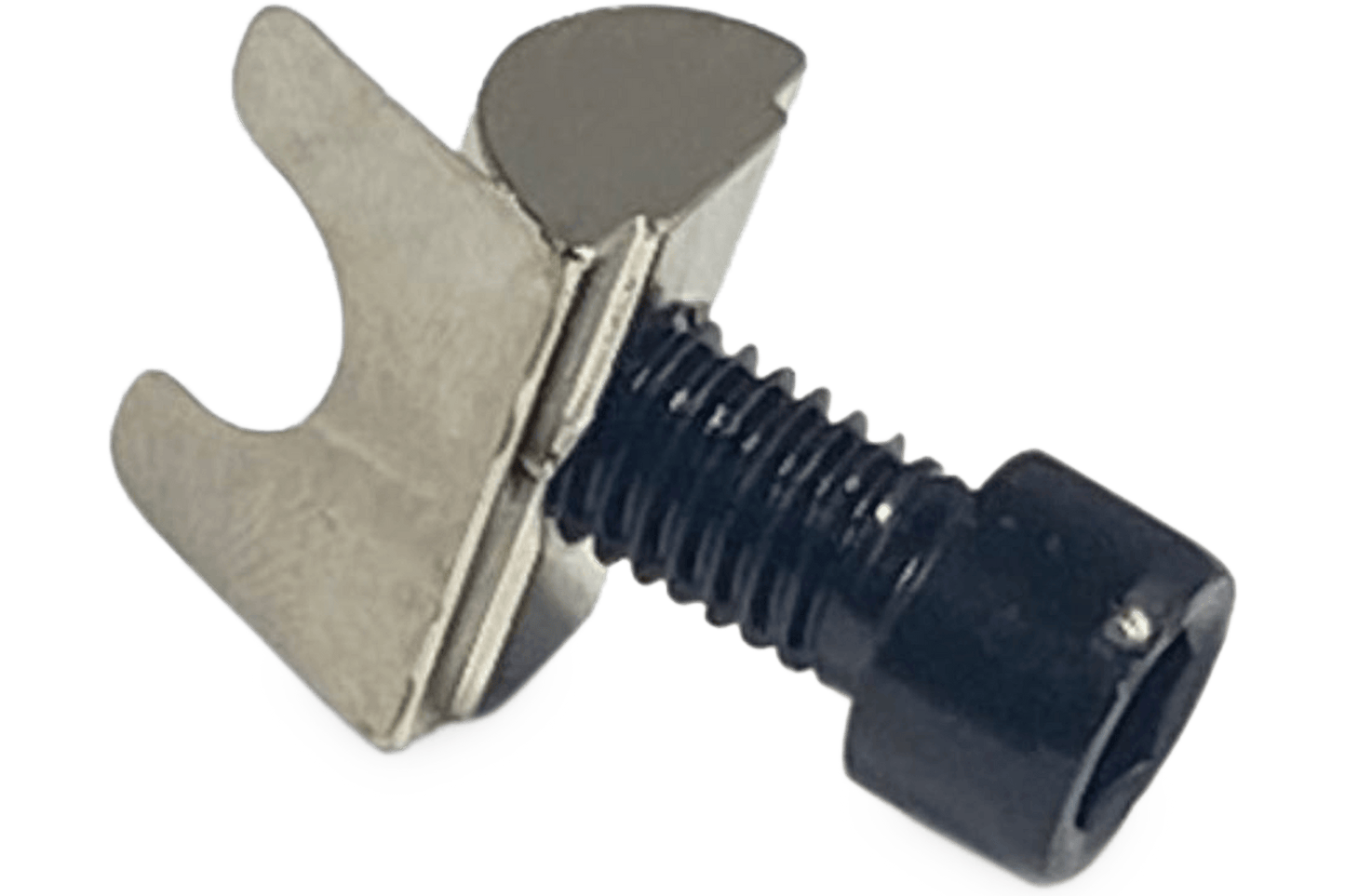 Metal clip with a screw on a clear background