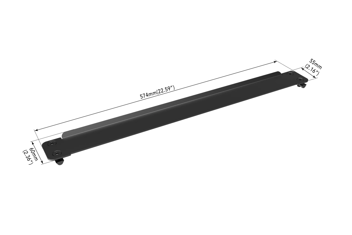 Black metal bar with dimensions labeled on a white background