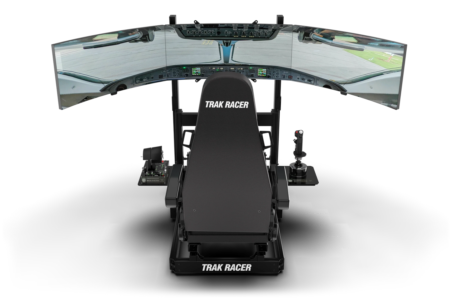 Simulator racing seat with multiple screens on a white background