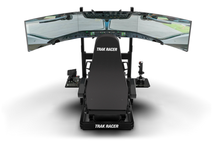 Simulator racing seat with multiple screens on a white background