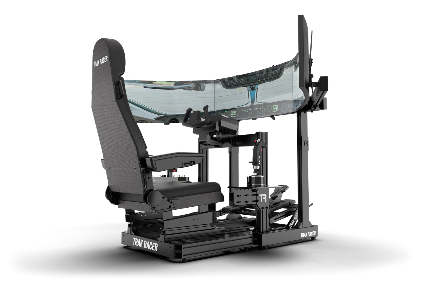High-end racing simulator chair with screen and controls on a white background
