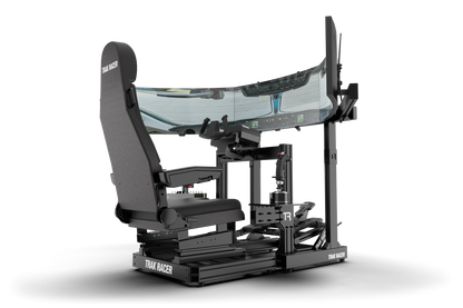 High-end racing simulator chair with screen and controls on a white background
