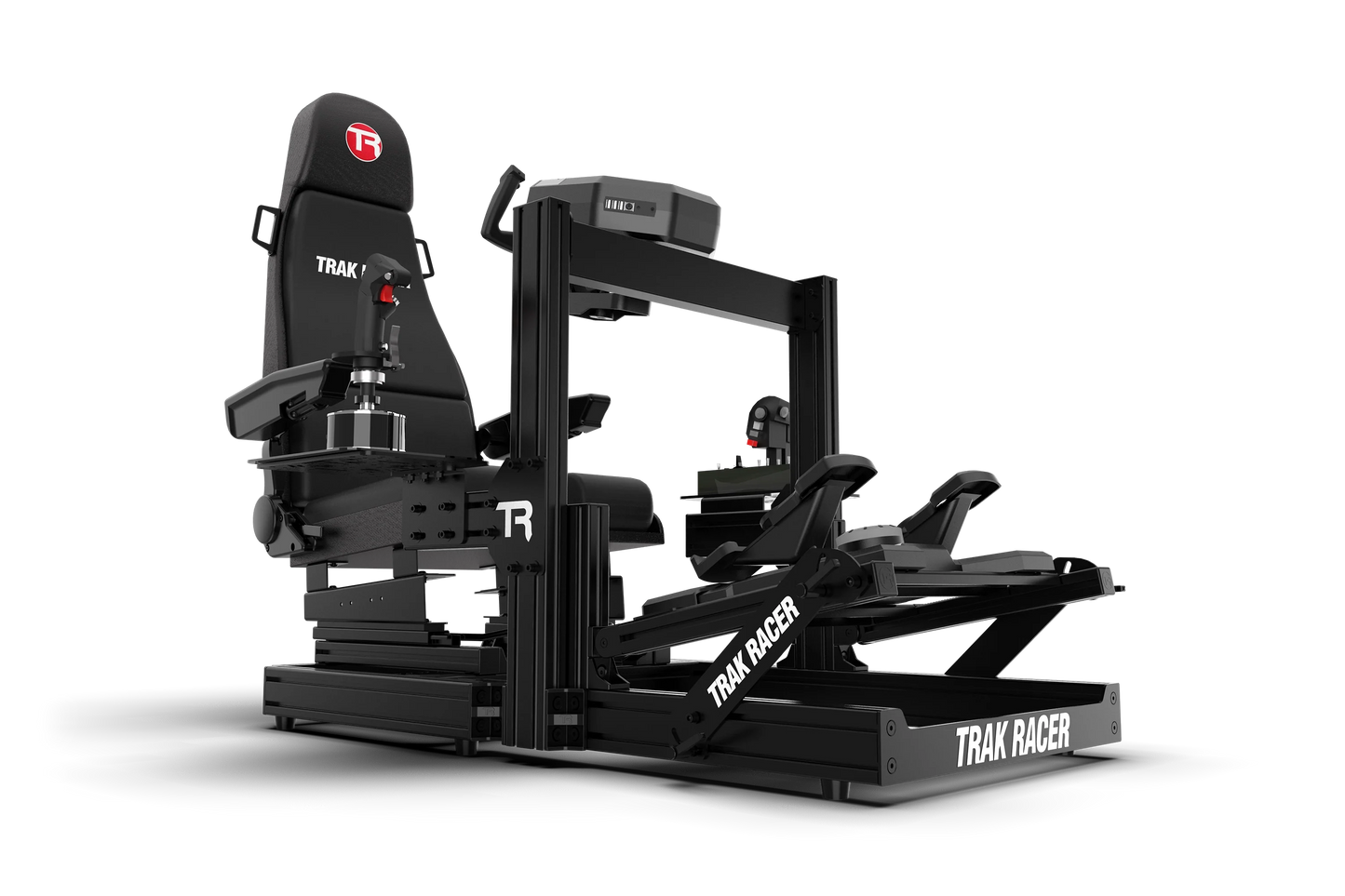 Black and gray Trak Racer vehicle simulator on a white background
