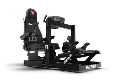 Black and gray Trak Racer vehicle simulator on a white background