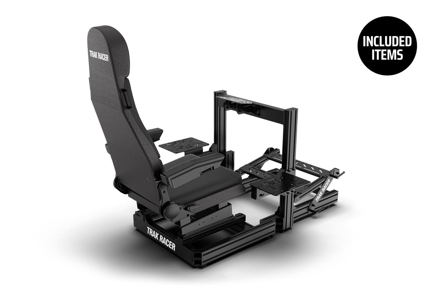 Black racing simulator seat with attached stand on a white background