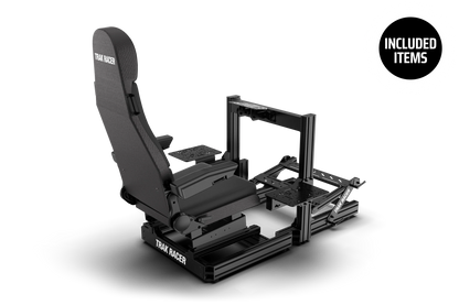 Black racing simulator seat with attached stand on a white background