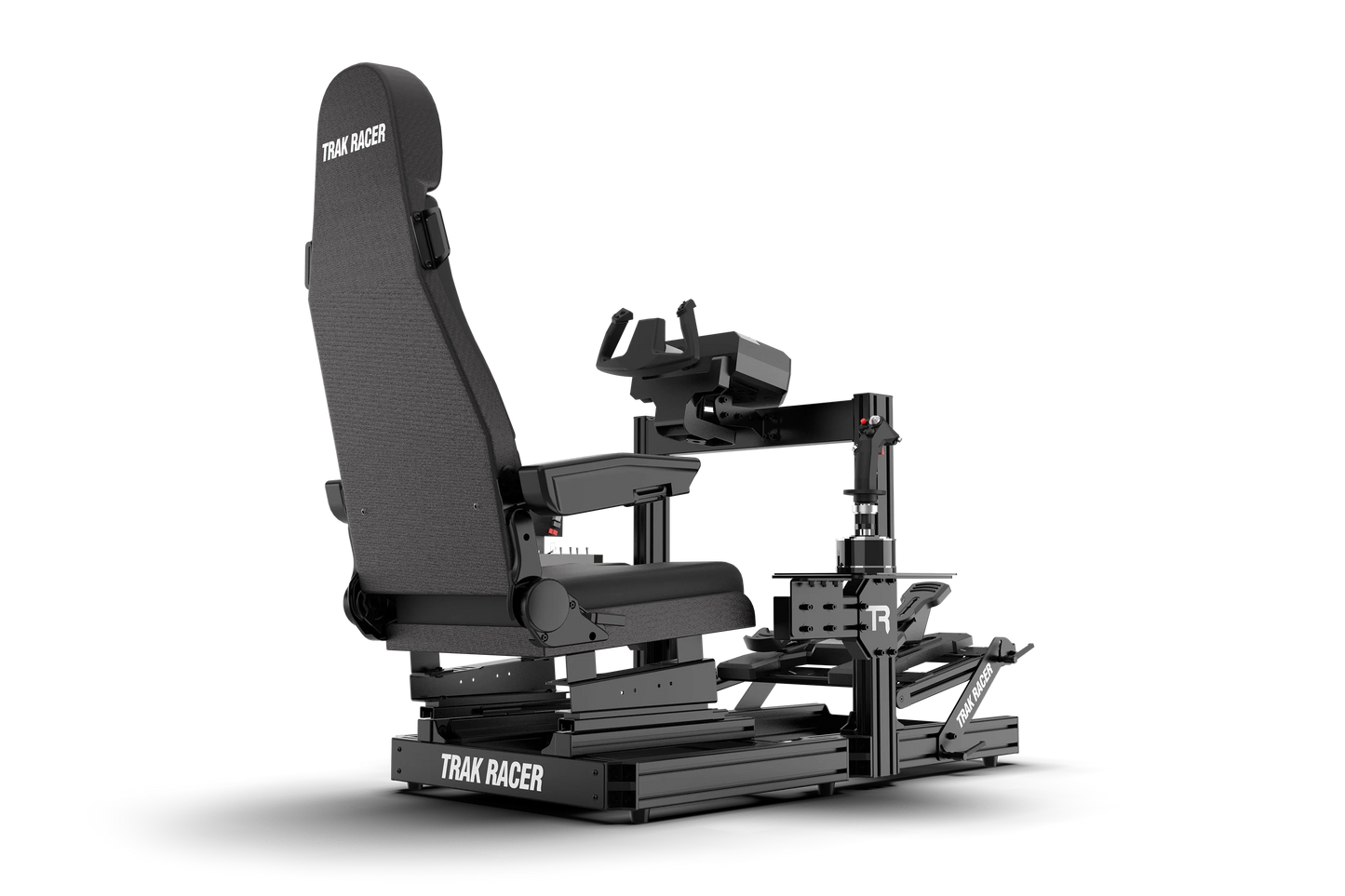 Black gaming simulator chair with 'Trak Racer' branding on a white background