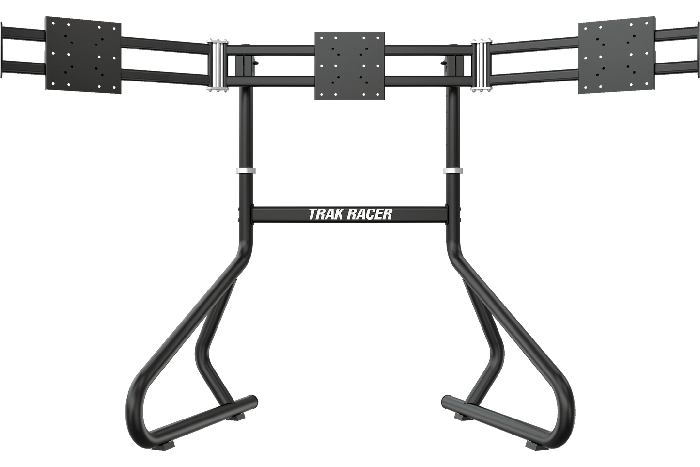 Black metal bike rack with 'Trak Racer' branding on a black background