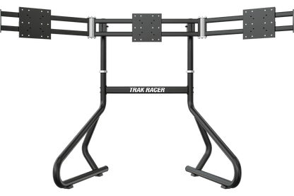 Black metal bike rack with 'Trak Racer' branding on a black background