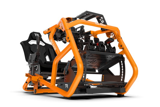 Orange and black race car simulator seat on a white background