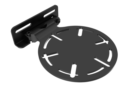 Black metal bracket with circular component on a transparent background