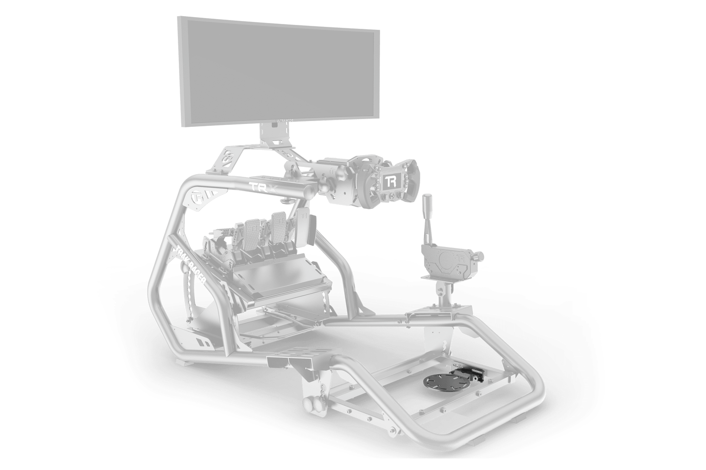 Robotic arm with camera and monitor on a black background
