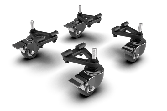 Four black caster wheels on a transparent background