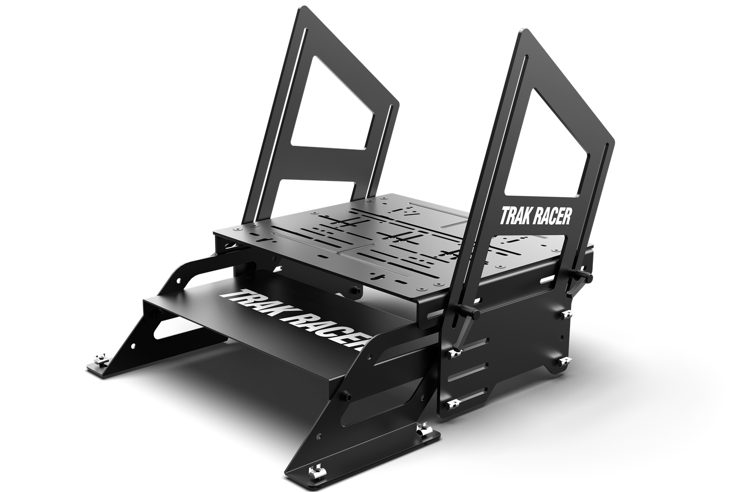 Black metal track racing platform with 'Trak Racer' branding on a white background