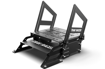 Black metal track racing platform with 'Trak Racer' branding on a white background