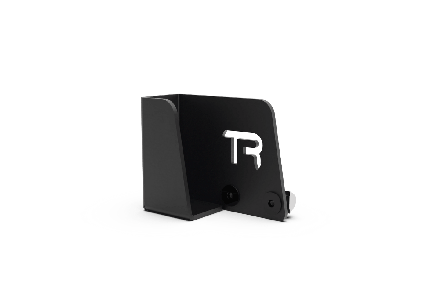Black rectangular object with a logo on a white background