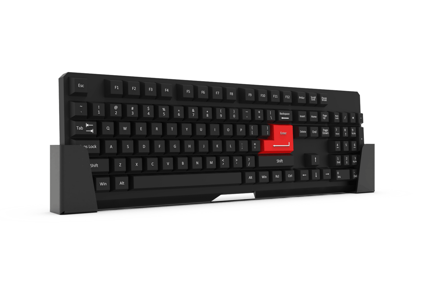 Black mechanical keyboard with a red escape key on a white platform against a black background