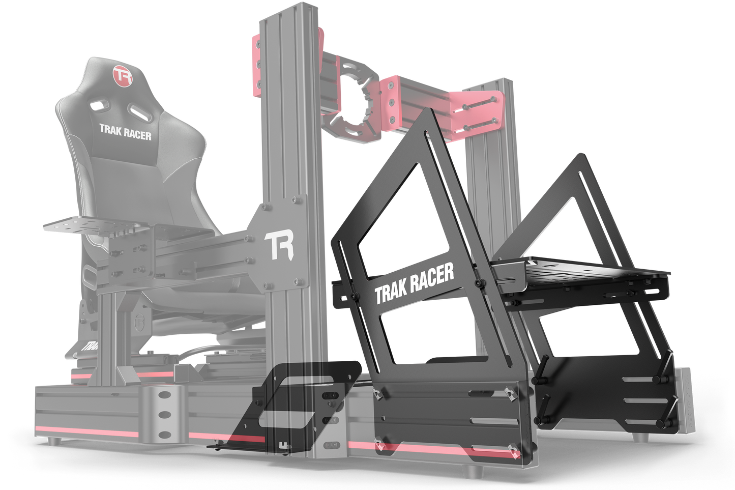 Trak Racer gaming chair and simulator setup on a white background