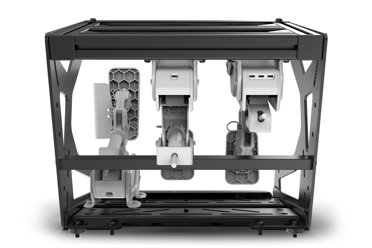 3D printer with mechanical components on a white background