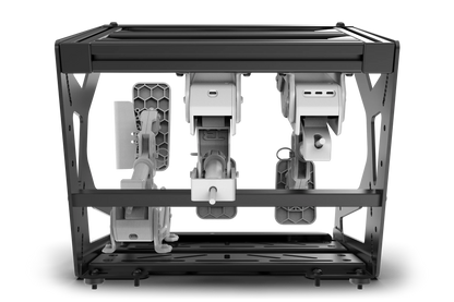3D printer with mechanical components on a white background