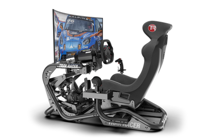 Racing simulator setup with steering wheel, pedals, and monitor on a white background