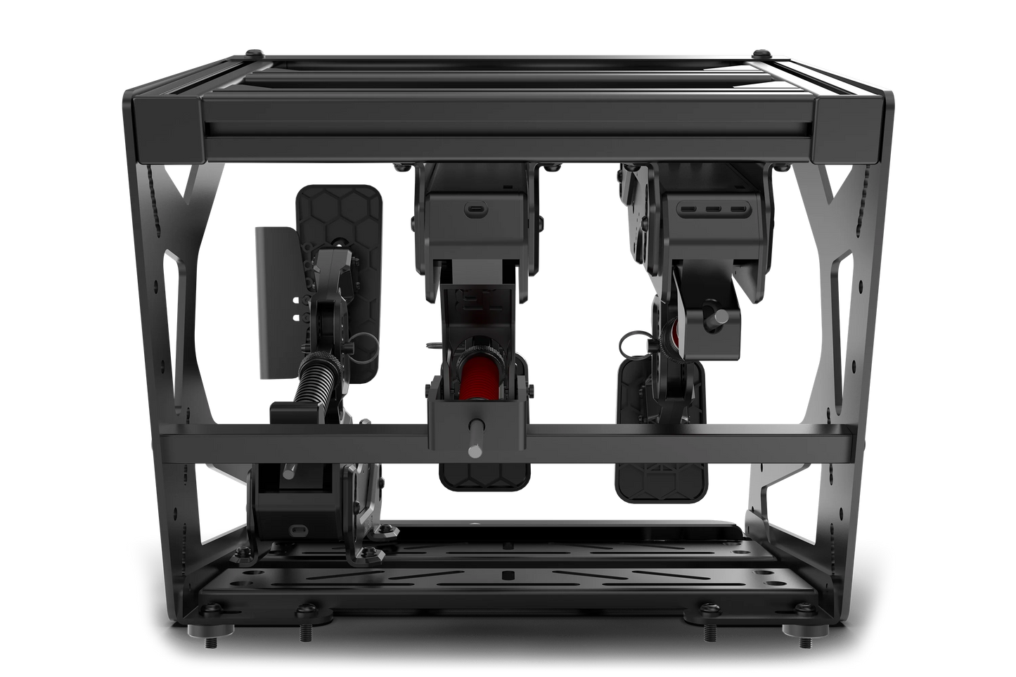 Black metal frame with mechanical components on a white background