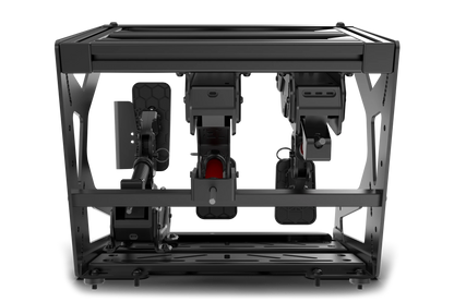 Black metal frame with mechanical components on a white background