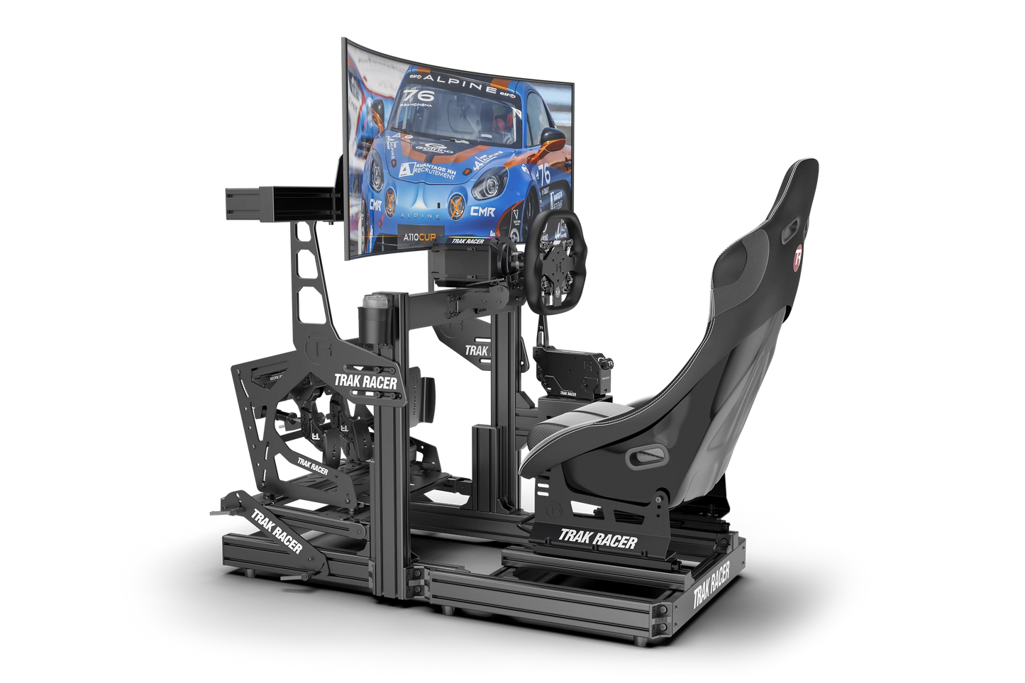 Racing simulator setup with screen displaying a racing game on a white background