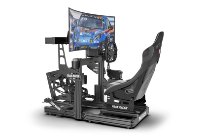 Racing simulator setup with screen displaying a racing game on a white background