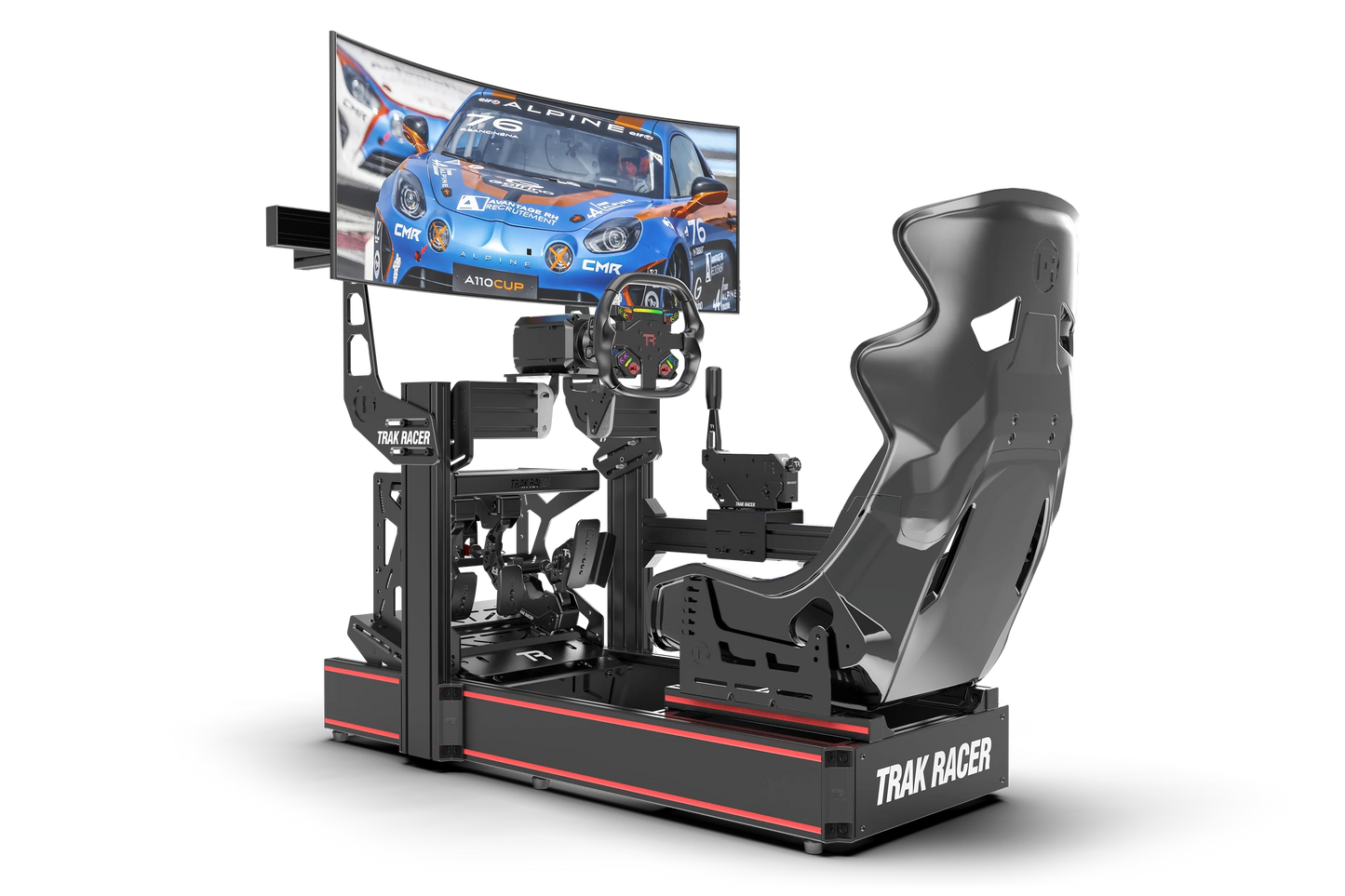 Racing simulator with steering wheel and seat on a white background