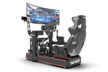 Racing simulator with steering wheel and seat on a white background