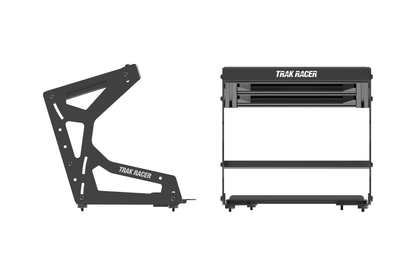 Black metal frame with 'Trak Racer' branding on a white background