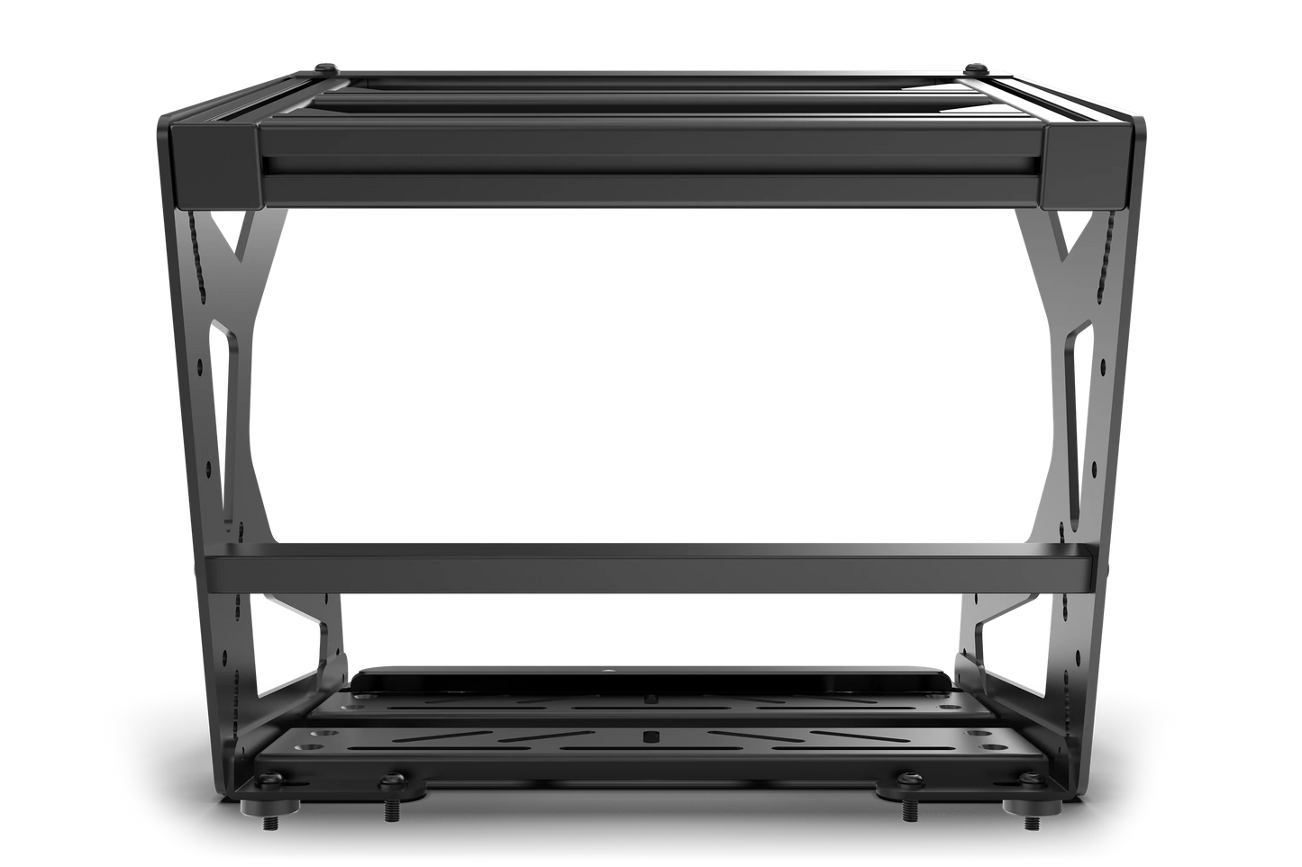 Black metal storage rack on a white background