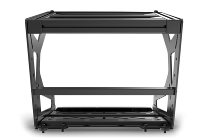 Black metal storage rack on a white background
