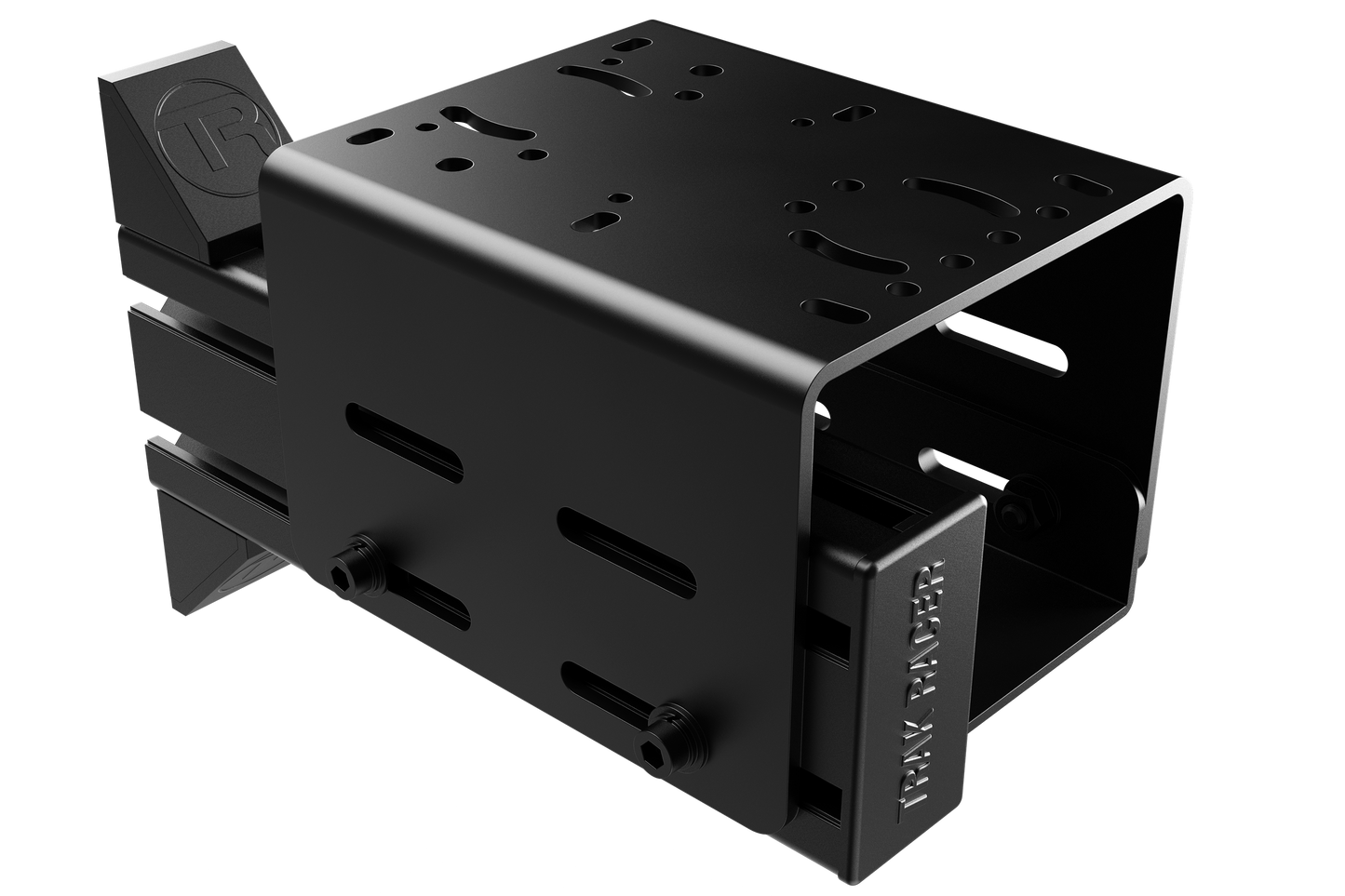 Black metal bracket with multiple slots and a brand logo on a white background