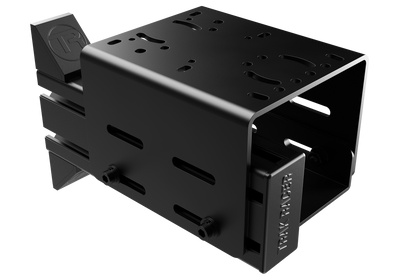 Black metal bracket with multiple slots and a brand logo on a white background