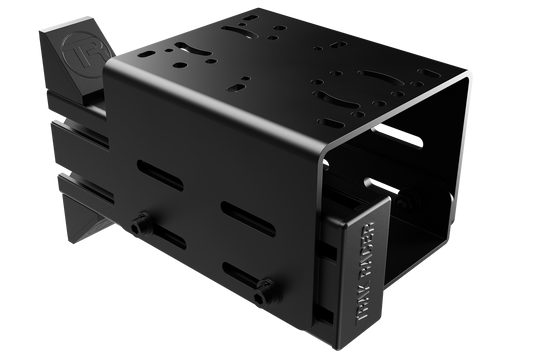 Black metal bracket with multiple slots and a brand logo on a white background