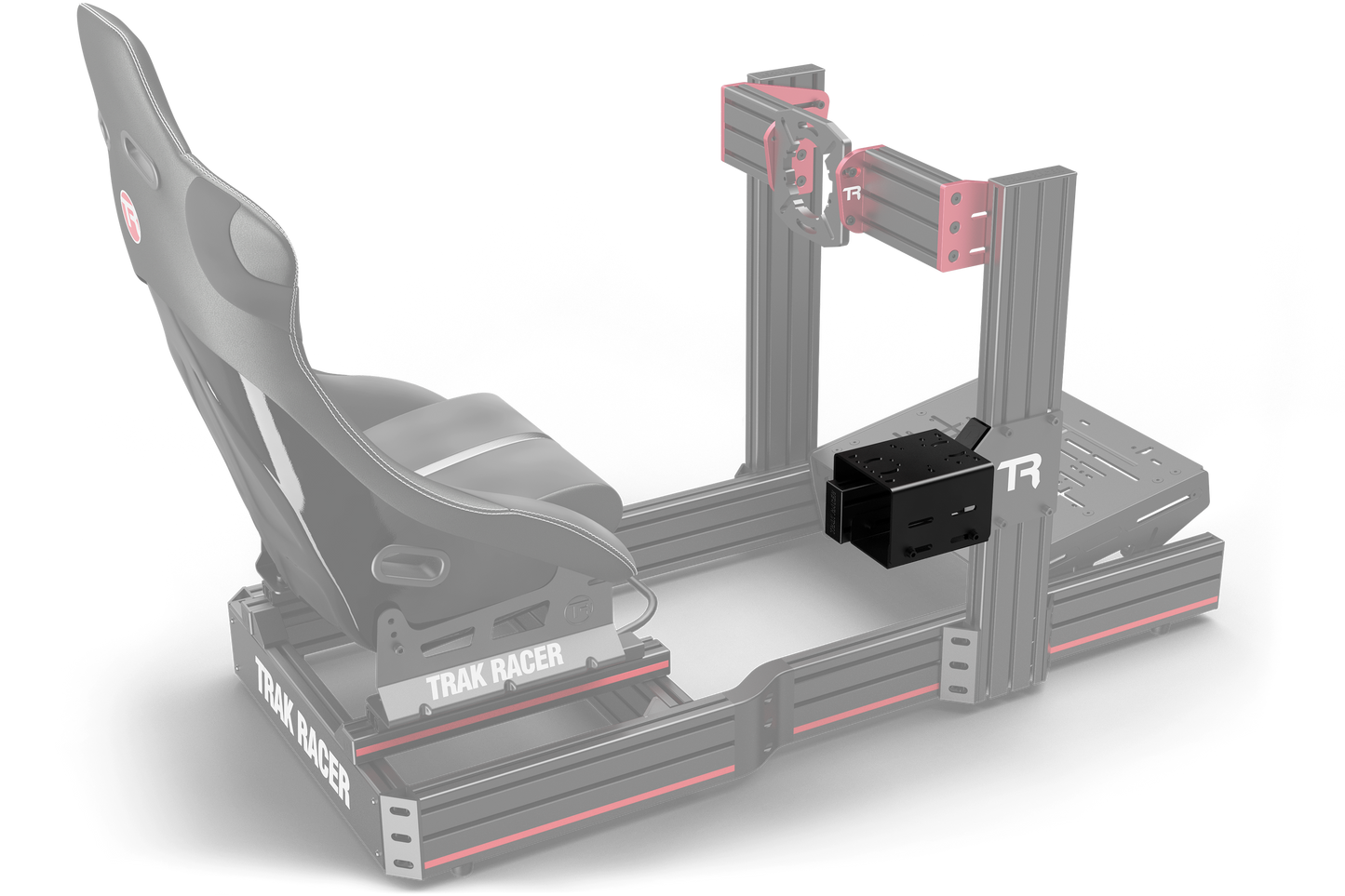 Gray gaming chair with red accents on a white background