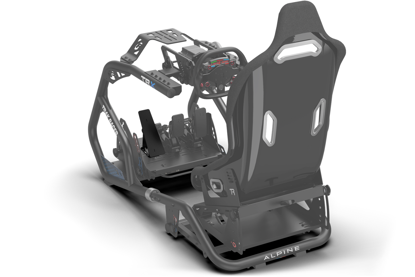 Car racing simulator cockpit with steering wheel and seat on a white background